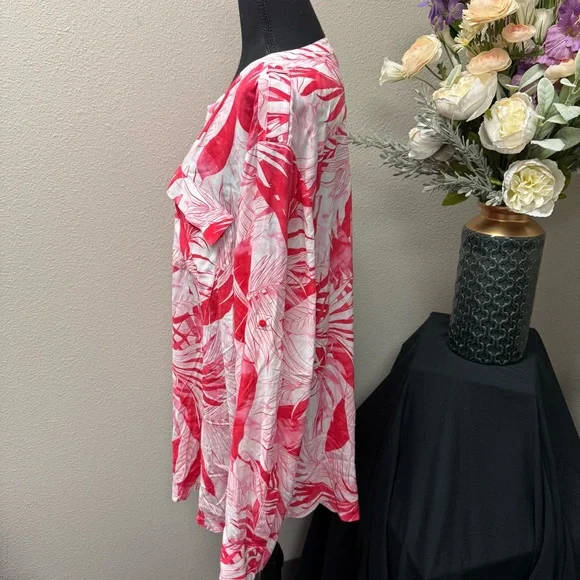 Calvin Klein 3X Pink Leaf Print Button Blouse | Tropical Resort Cruise Top - Picture 2 of 8